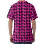 Magenta Pink And Black Houndstooth Print Men's Velvet T-Shirt