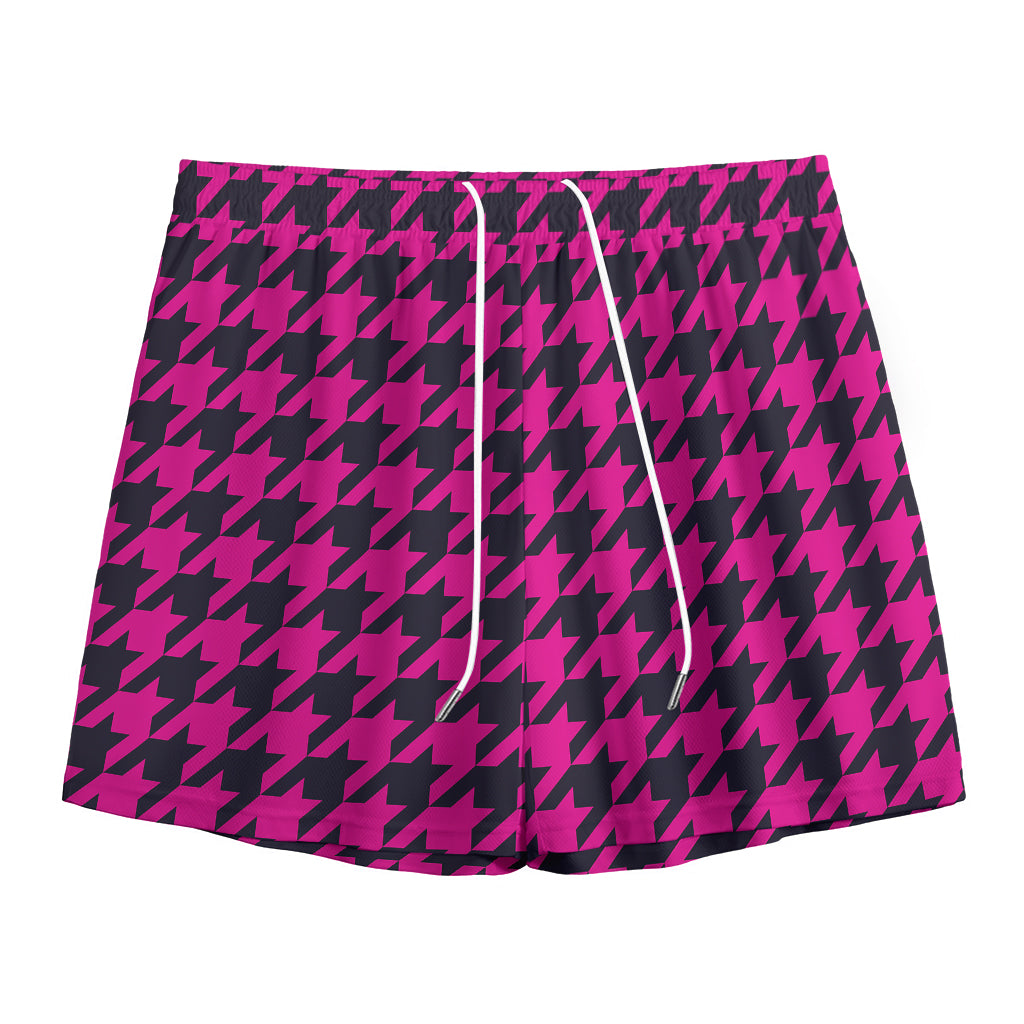 Magenta Pink And Black Houndstooth Print Mesh Shorts