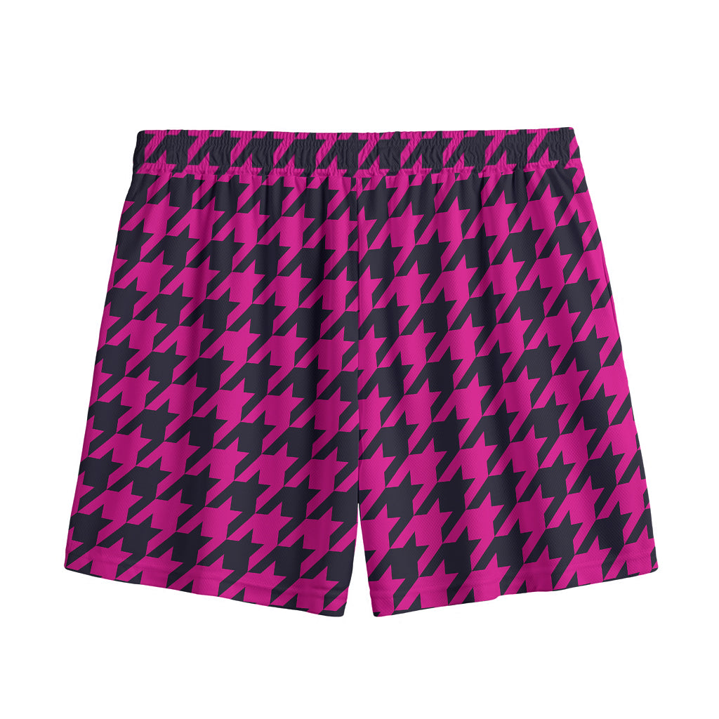 Magenta Pink And Black Houndstooth Print Mesh Shorts