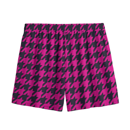 Magenta Pink And Black Houndstooth Print Mesh Shorts