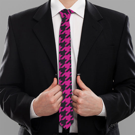 Magenta Pink And Black Houndstooth Print Necktie