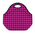 Magenta Pink And Black Houndstooth Print Neoprene Lunch Bag
