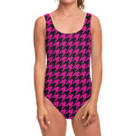 Magenta Pink And Black Houndstooth Print One Piece Swimsuit