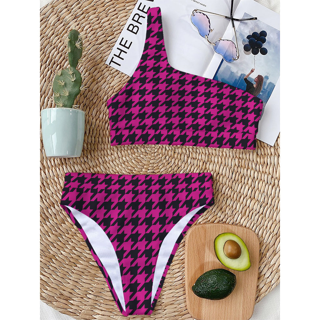 Magenta Pink And Black Houndstooth Print One Shoulder Bikini Top