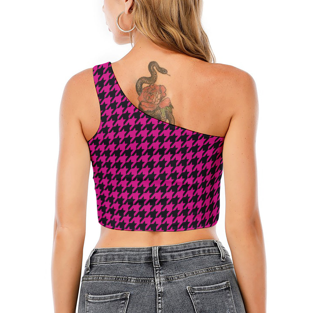 Magenta Pink And Black Houndstooth Print One Shoulder Crop Top