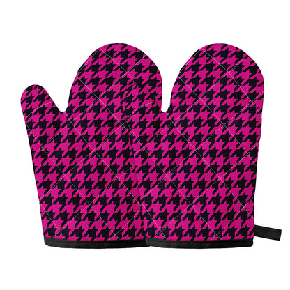 Magenta Pink And Black Houndstooth Print Oven Mitts