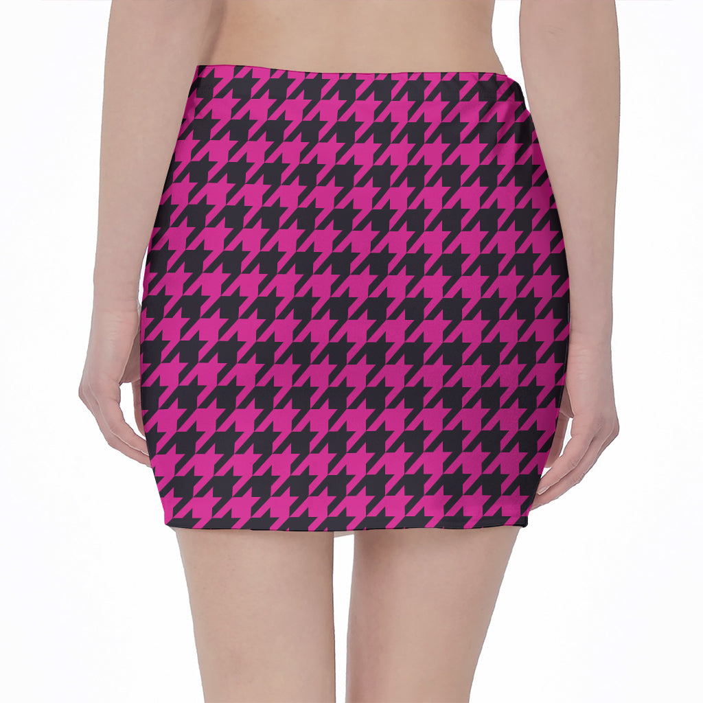 Magenta Pink And Black Houndstooth Print Pencil Mini Skirt
