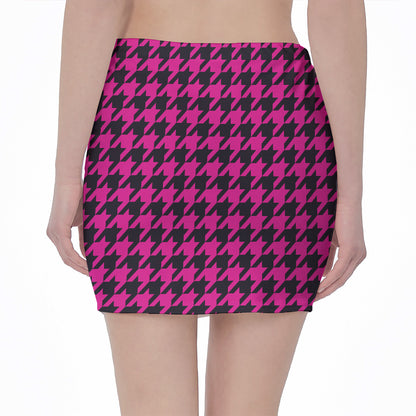 Magenta Pink And Black Houndstooth Print Pencil Mini Skirt