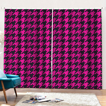 Magenta Pink And Black Houndstooth Print Pencil Pleat Curtains
