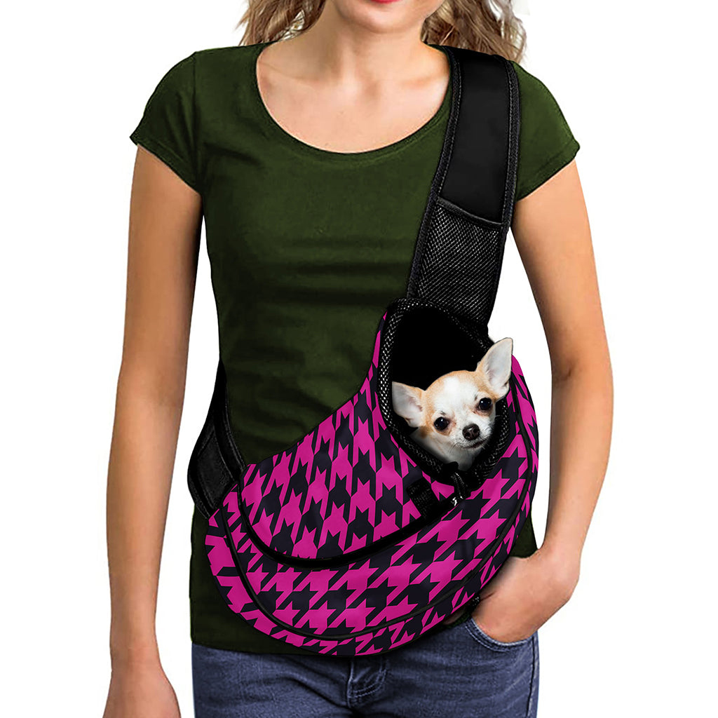 Magenta Pink And Black Houndstooth Print Pet Sling Carrier