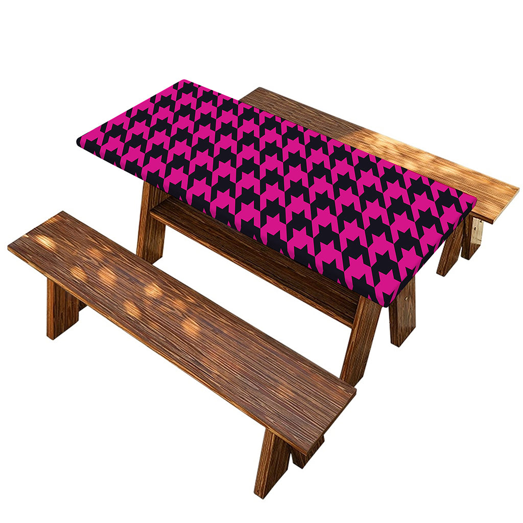 Magenta Pink And Black Houndstooth Print Picnic Table Cover