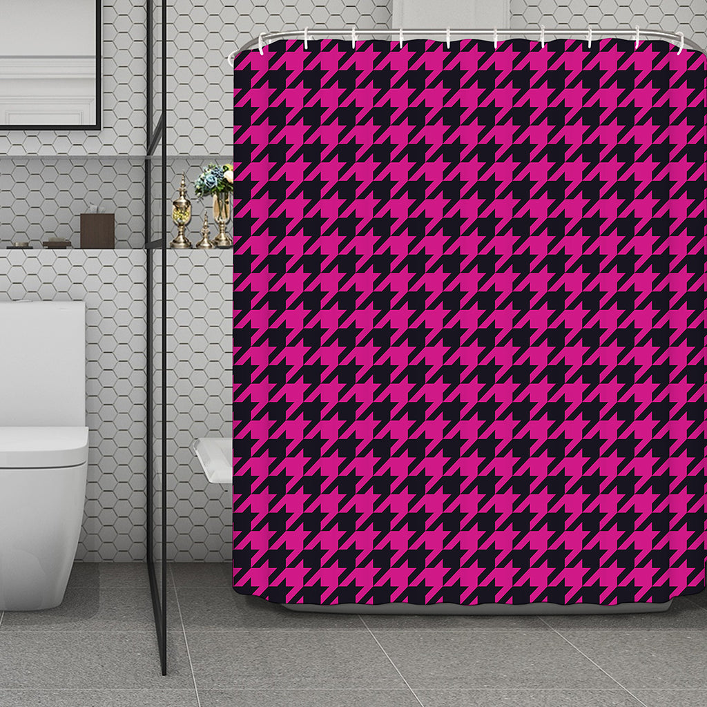 Magenta Pink And Black Houndstooth Print Polyester Shower Curtain
