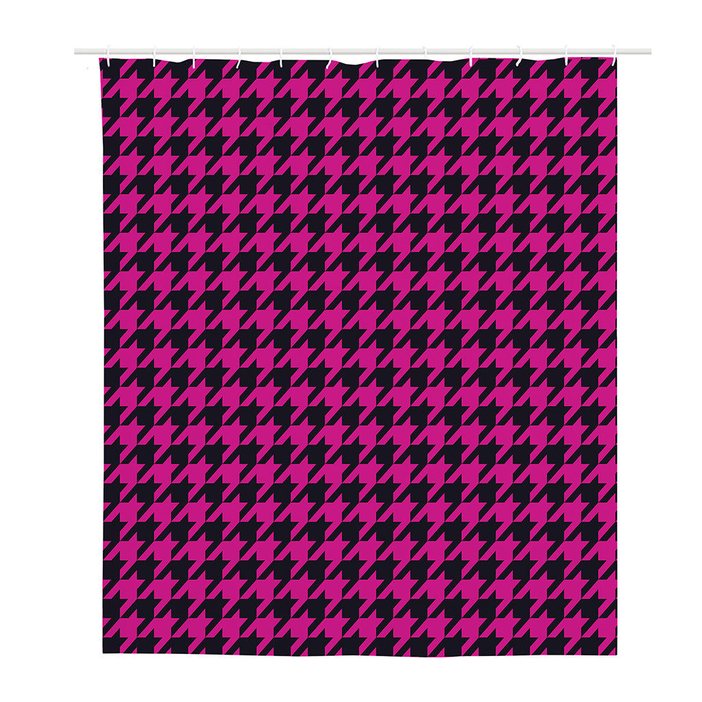 Magenta Pink And Black Houndstooth Print Polyester Shower Curtain