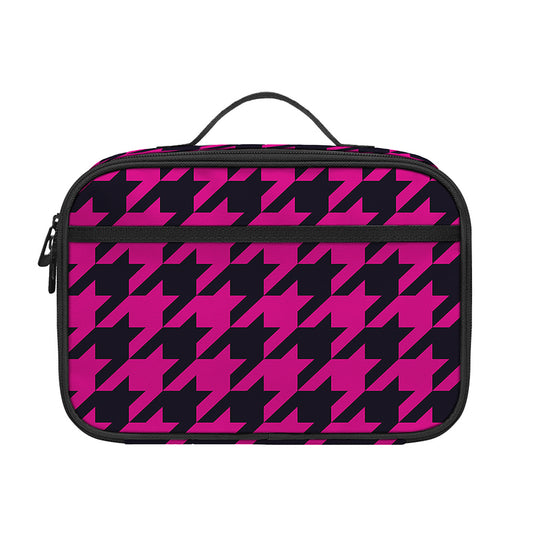 Magenta Pink And Black Houndstooth Print Portable Lunch Bag