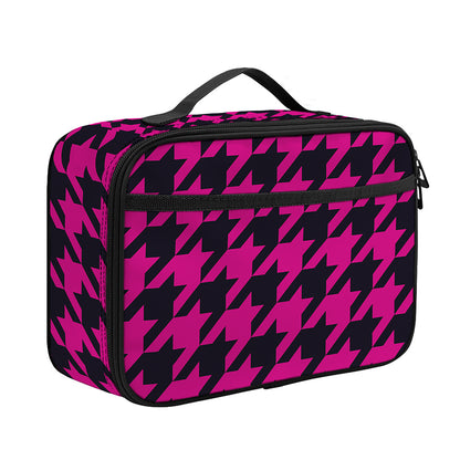 Magenta Pink And Black Houndstooth Print Portable Lunch Bag