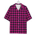 Magenta Pink And Black Houndstooth Print Rayon Hawaiian Shirt