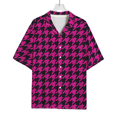 Magenta Pink And Black Houndstooth Print Rayon Hawaiian Shirt