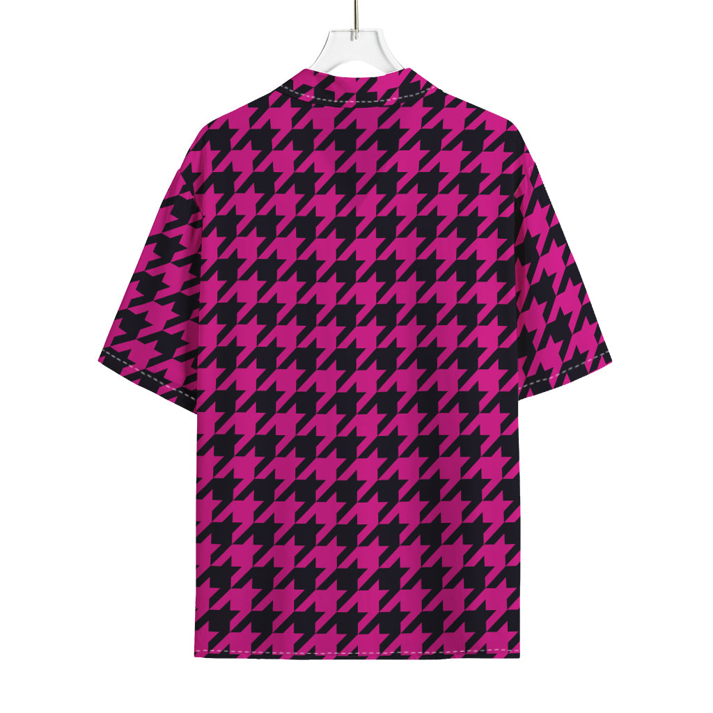 Magenta Pink And Black Houndstooth Print Rayon Hawaiian Shirt