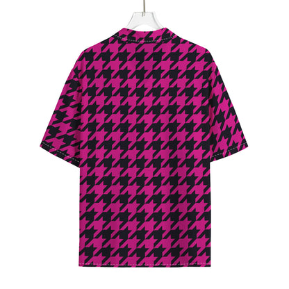 Magenta Pink And Black Houndstooth Print Rayon Hawaiian Shirt