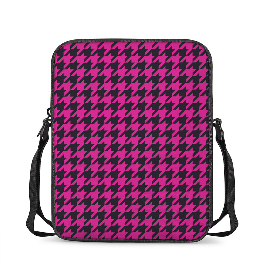 Magenta Pink And Black Houndstooth Print Rectangular Crossbody Bag
