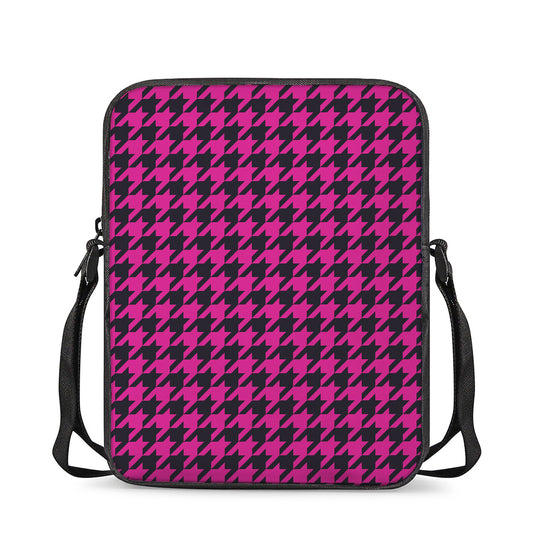 Magenta Pink And Black Houndstooth Print Rectangular Crossbody Bag