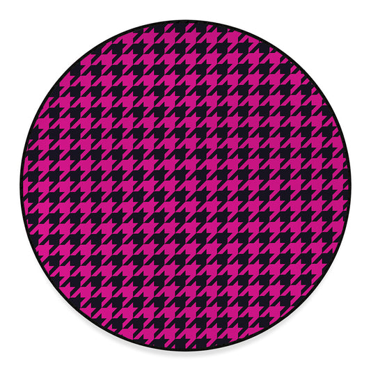 Magenta Pink And Black Houndstooth Print Round Floor Mat