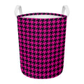 Magenta Pink And Black Houndstooth Print Round Laundry Basket