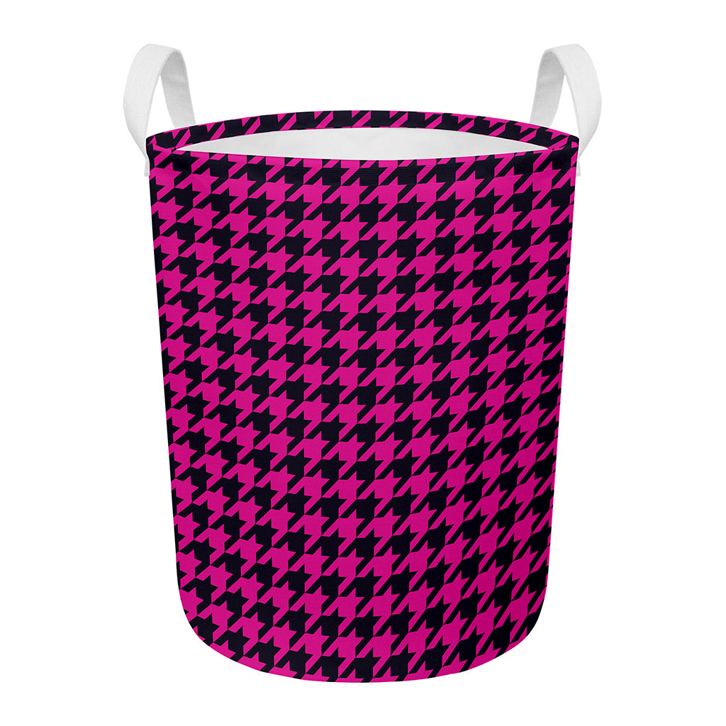 Magenta Pink And Black Houndstooth Print Round Laundry Basket