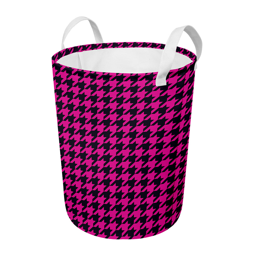 Magenta Pink And Black Houndstooth Print Round Laundry Basket