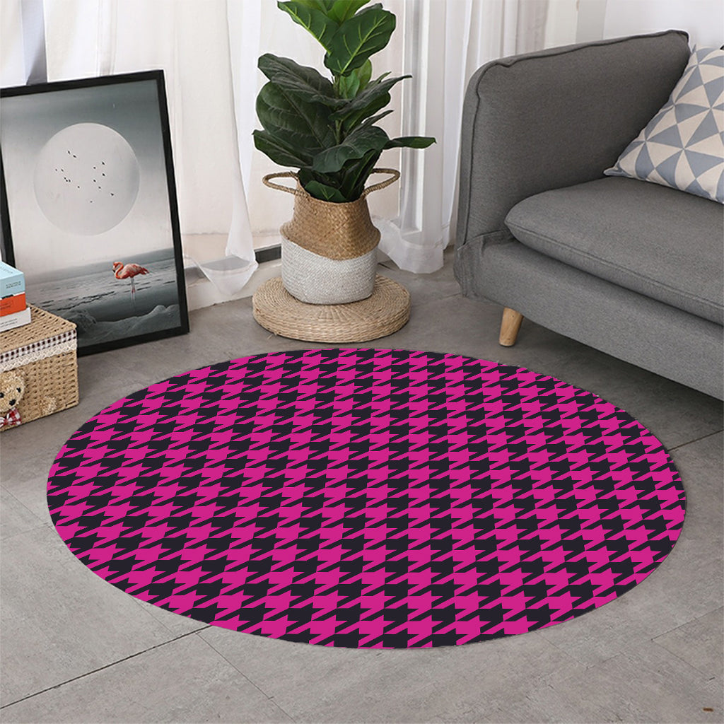 Magenta Pink And Black Houndstooth Print Round Rug