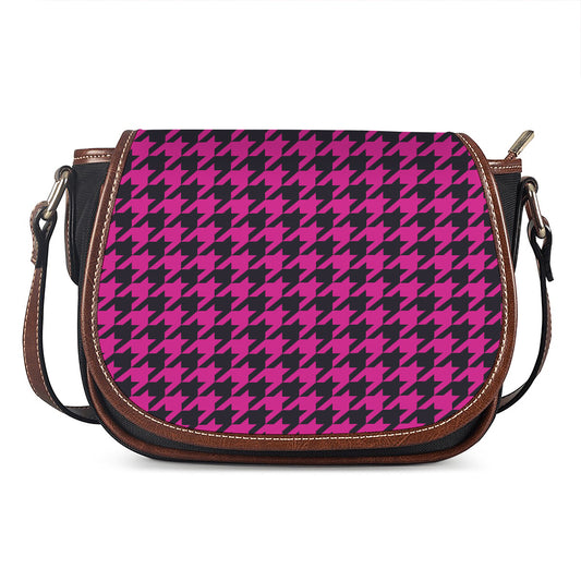 Magenta Pink And Black Houndstooth Print Saddle Bag