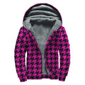 Magenta Pink And Black Houndstooth Print Sherpa Lined Zip Up Hoodie