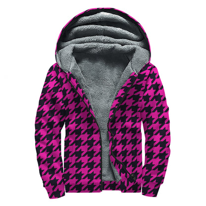 Magenta Pink And Black Houndstooth Print Sherpa Lined Zip Up Hoodie