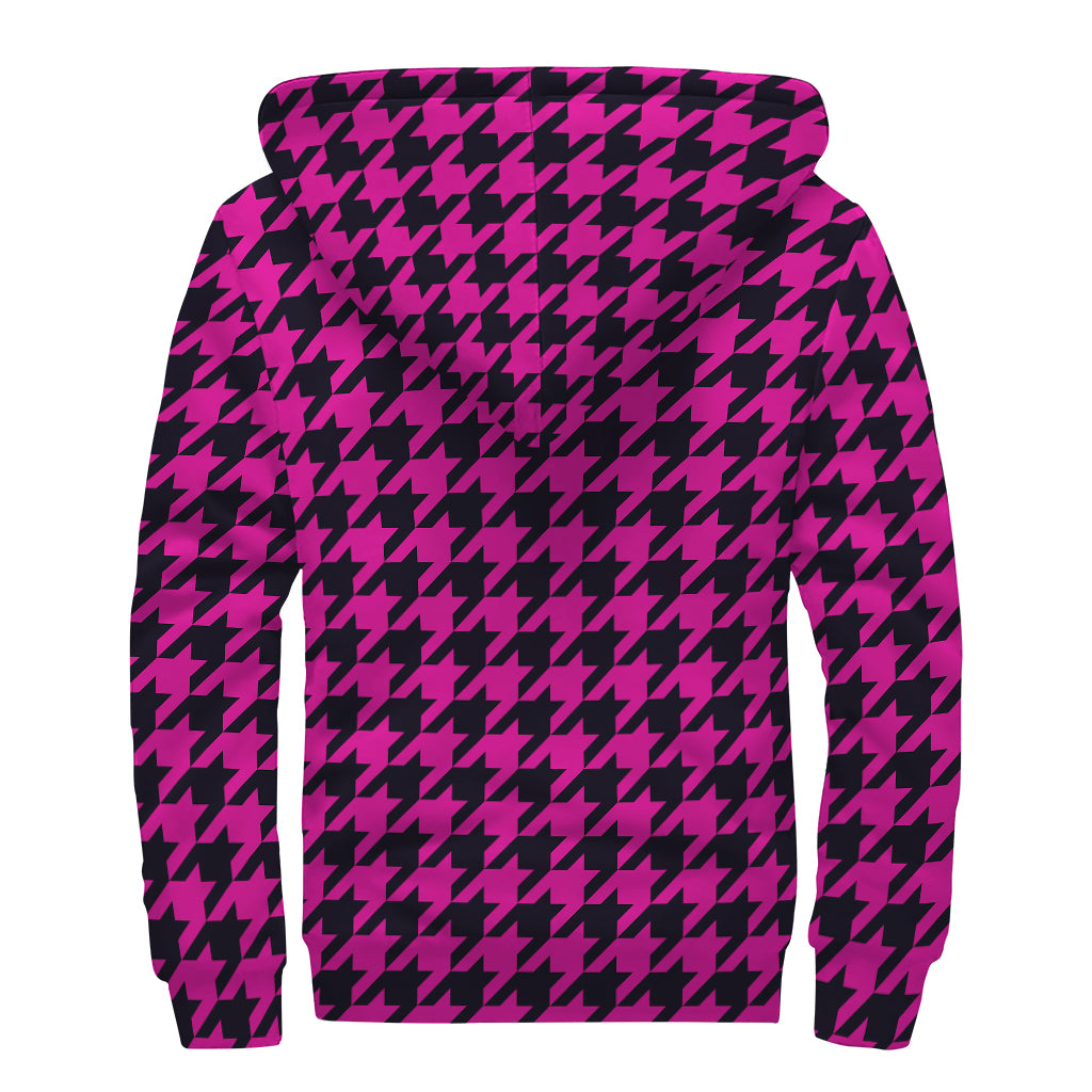Magenta Pink And Black Houndstooth Print Sherpa Lined Zip Up Hoodie