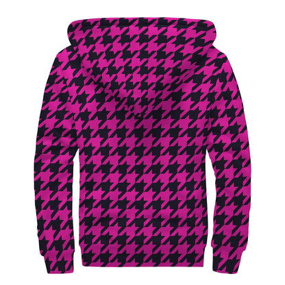 Magenta Pink And Black Houndstooth Print Sherpa Lined Zip Up Hoodie