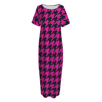 Magenta Pink And Black Houndstooth Print Short Sleeve Long Nightdress