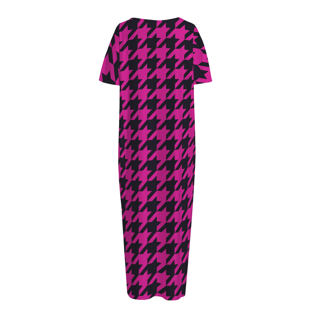 Magenta Pink And Black Houndstooth Print Short Sleeve Long Nightdress