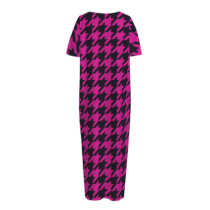 Magenta Pink And Black Houndstooth Print Short Sleeve Long Nightdress