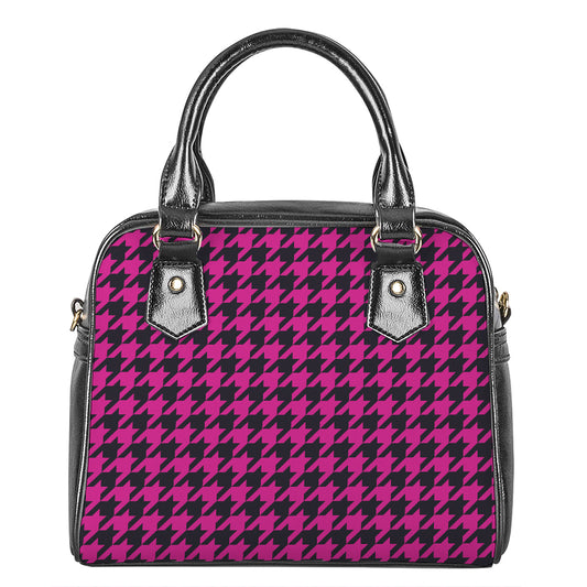 Magenta Pink And Black Houndstooth Print Shoulder Handbag