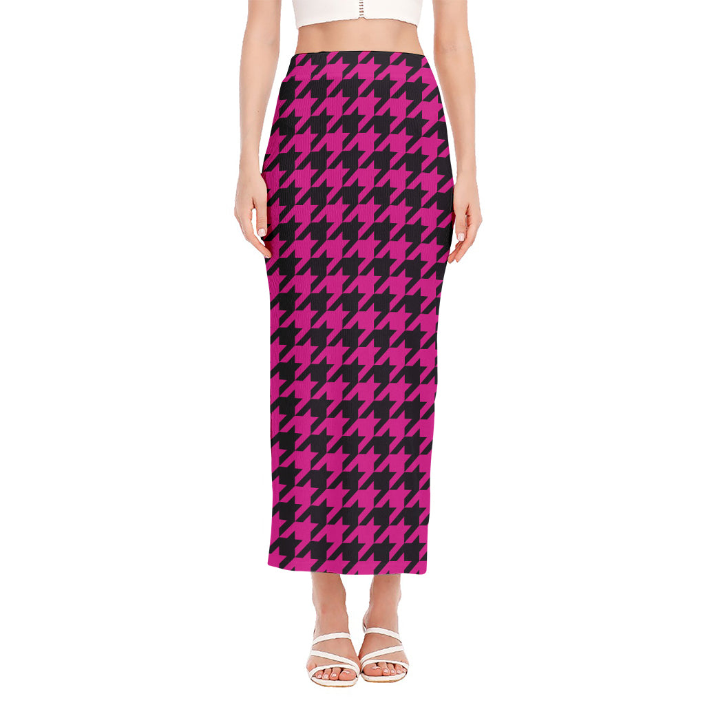 Magenta Pink And Black Houndstooth Print Side Slit Maxi Skirt