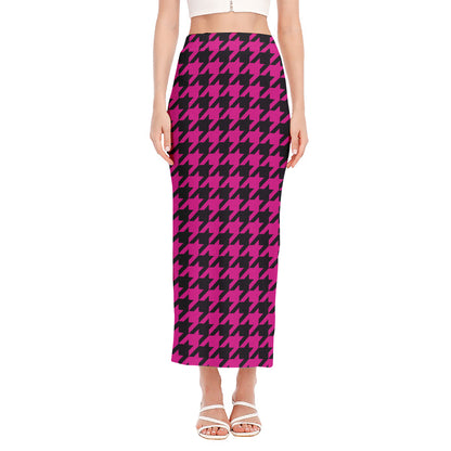 Magenta Pink And Black Houndstooth Print Side Slit Maxi Skirt