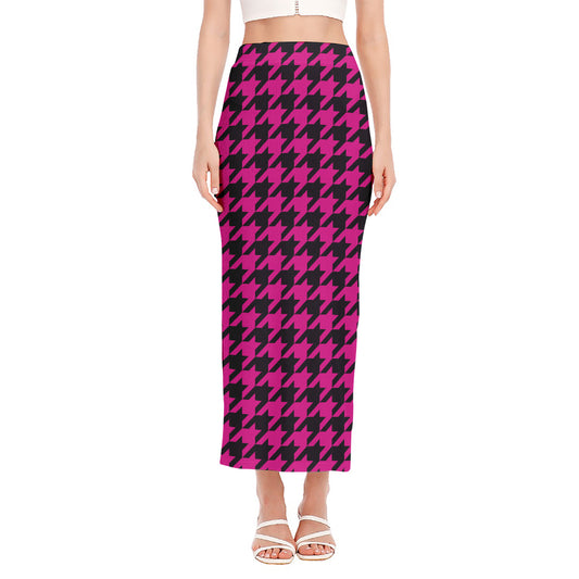 Magenta Pink And Black Houndstooth Print Side Slit Maxi Skirt