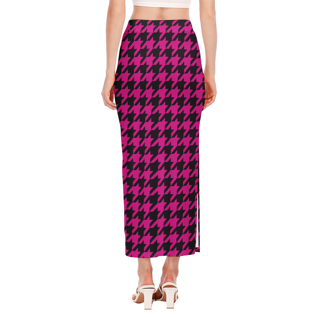 Magenta Pink And Black Houndstooth Print Side Slit Maxi Skirt