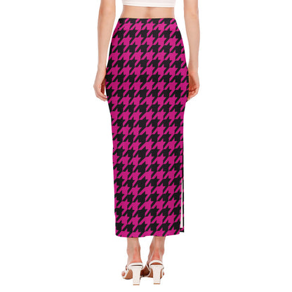 Magenta Pink And Black Houndstooth Print Side Slit Maxi Skirt