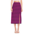 Magenta Pink And Black Houndstooth Print Side Slit Midi Skirt