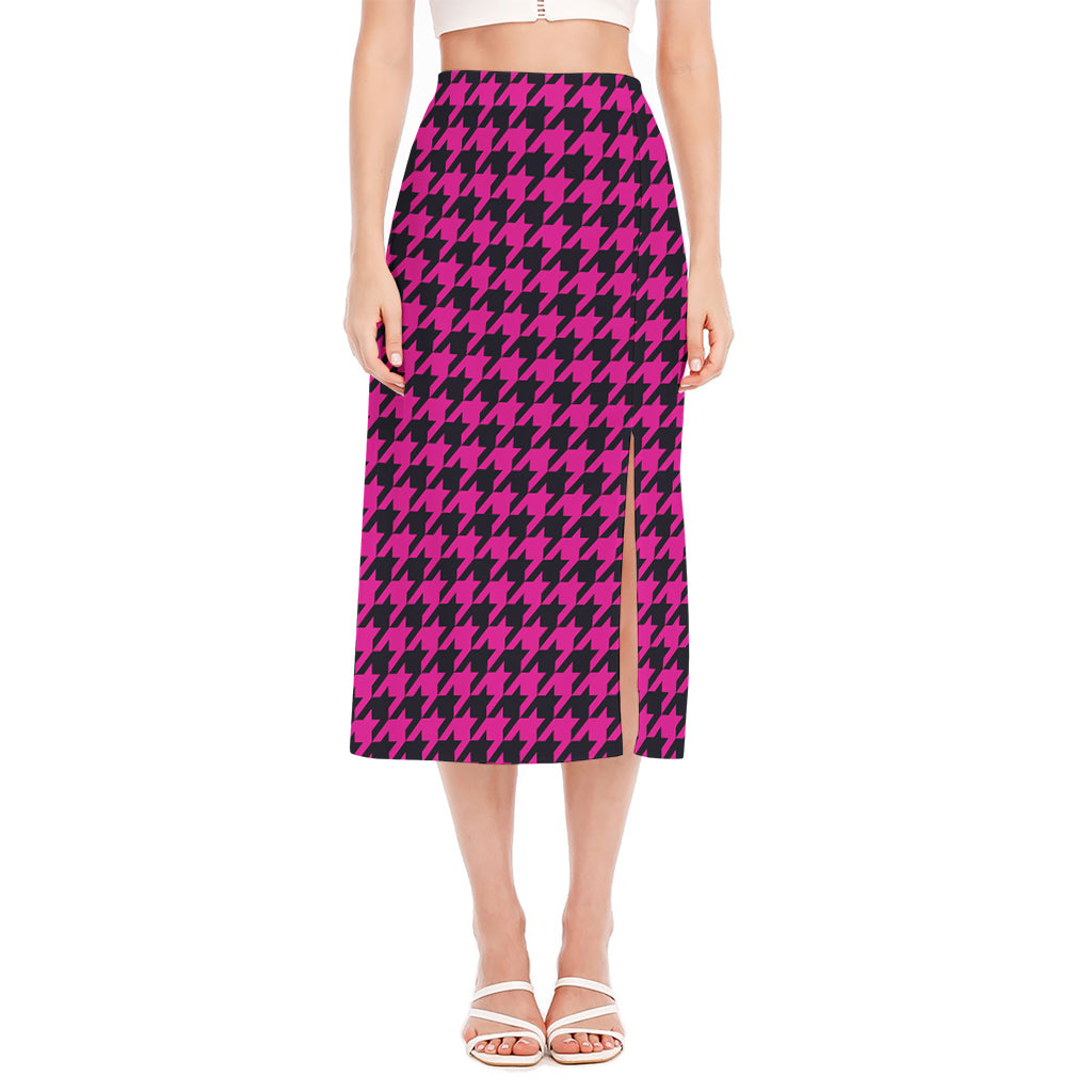 Magenta Pink And Black Houndstooth Print Side Slit Midi Skirt