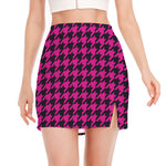 Magenta Pink And Black Houndstooth Print Side Slit Mini Skirt