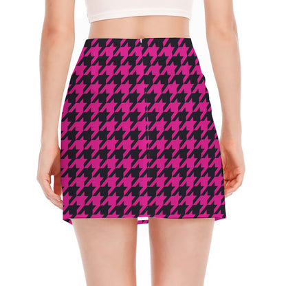 Magenta Pink And Black Houndstooth Print Side Slit Mini Skirt