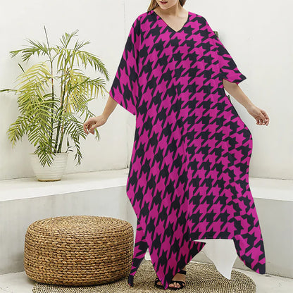 Magenta Pink And Black Houndstooth Print Silk V-Neck Kaftan Dress