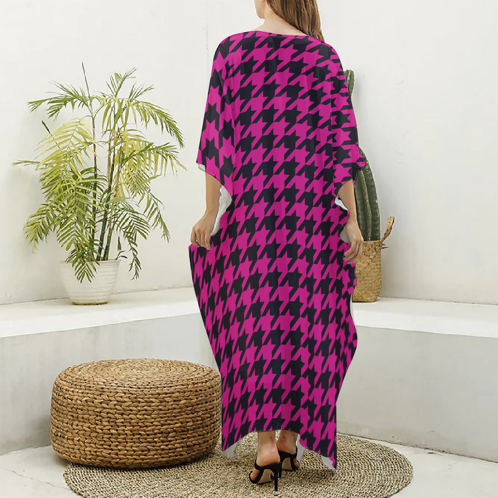 Magenta Pink And Black Houndstooth Print Silk V-Neck Kaftan Dress